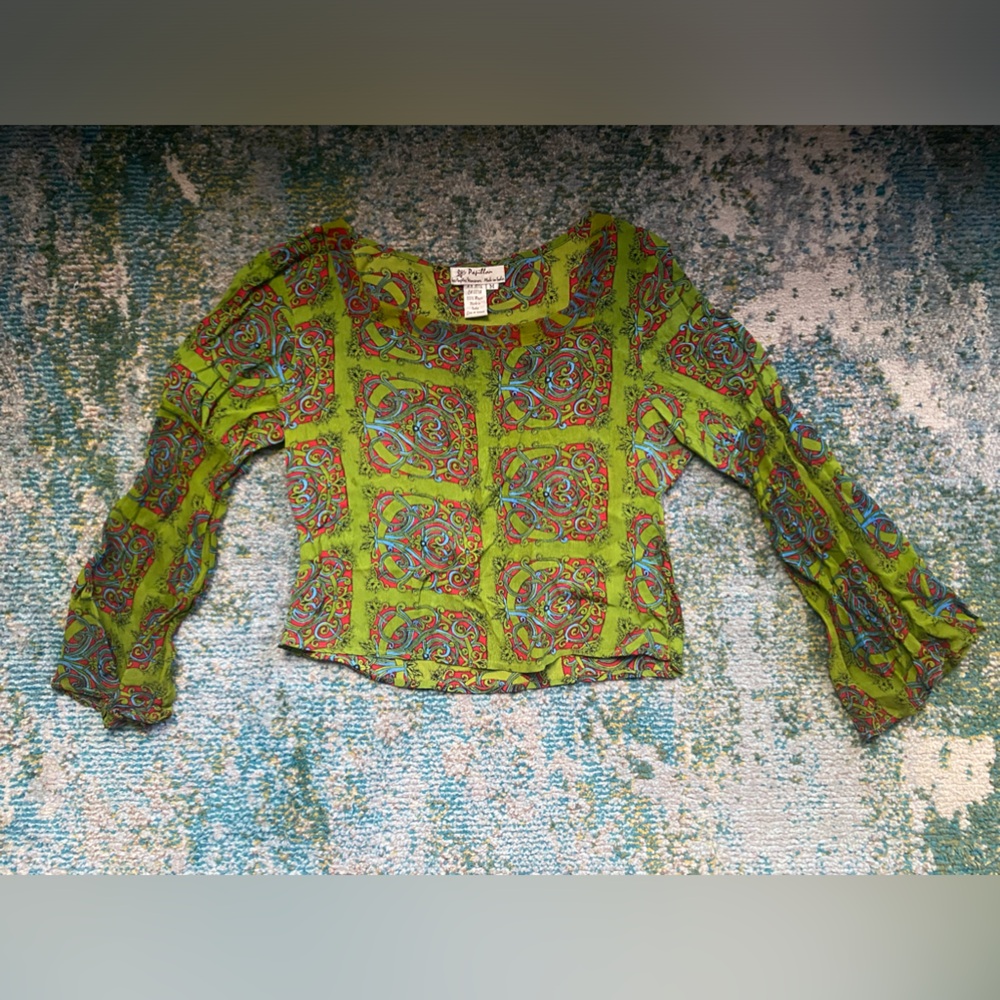 Vintage Y2K Papillon green boho bell sleeve printed fairy blouse, size medium